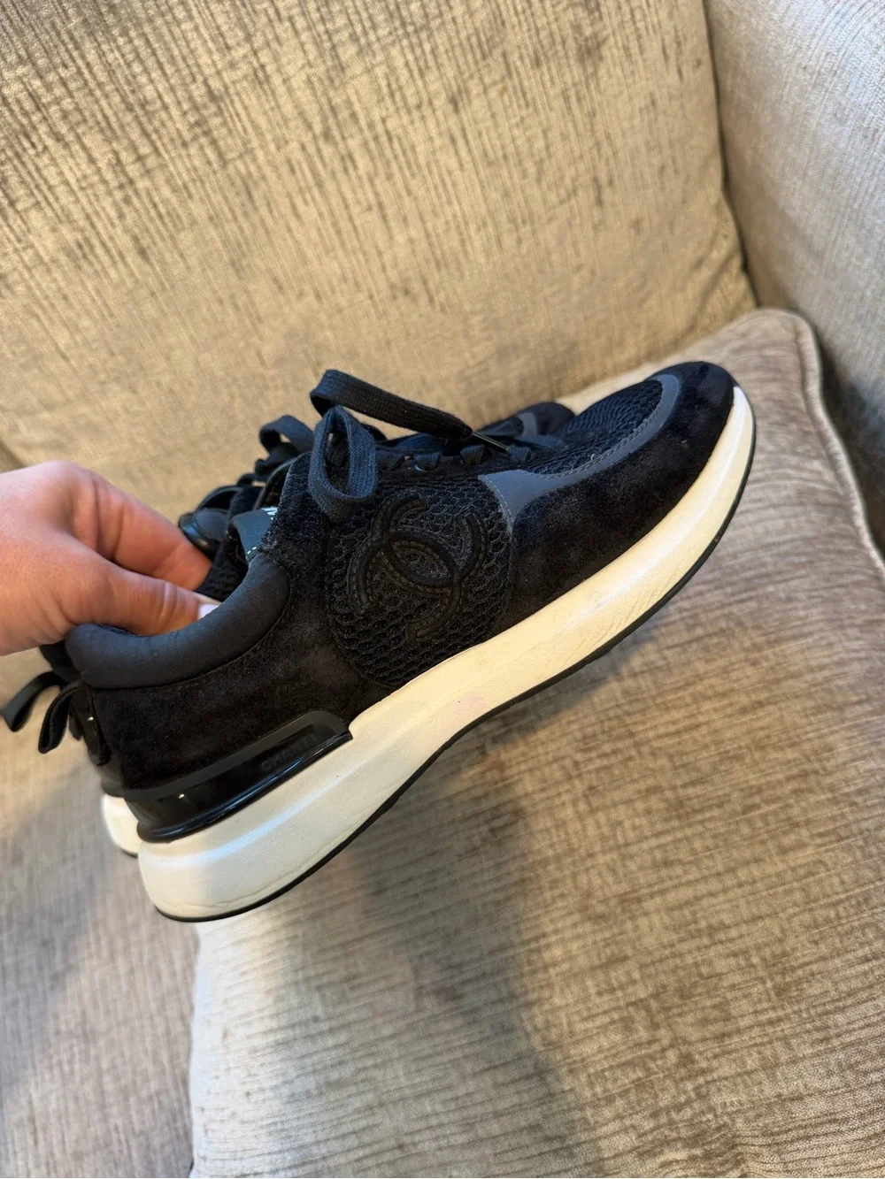 CHANEL Calfskin Mesh Lycra Suede Womens Logo Sneakers ⭐️size 38 AUTHENTIC